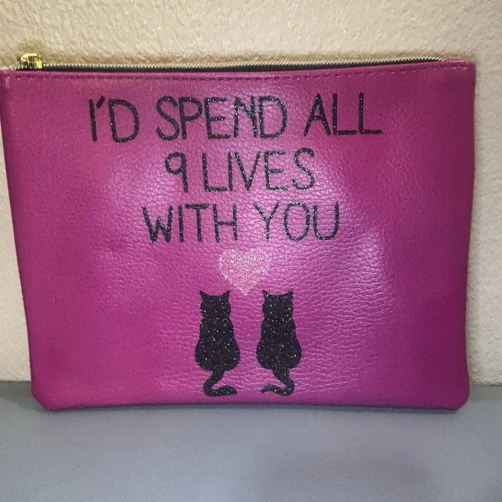 Hot Pink Cat 9 Lives Makeup Bag Travel Organizer Cosmetic Toiletries Gift Love